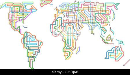 Modificabile illustrazione vettoriale del mondo nello stile di una mappa della metropolitana Illustrazione Vettoriale