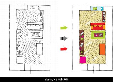 Interior design apartments - vista dall'alto. Linee frastagliate, schizzo manifatture Illustrazione Vettoriale