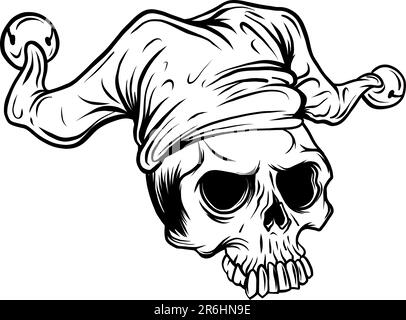 Cranio in cappello di jester. Illustrazione vettoriale monocromatica Illustrazione Vettoriale