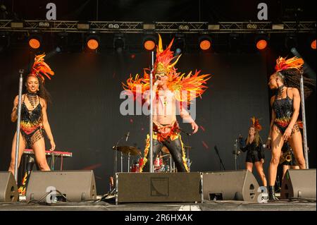 Uncle Funks disco Inferno suona al Cambridge Club Festival 2023 Childerley, Cambridgeshire, UK. 9th giugno, 2023. Credit: Gary Stafford/Alamy Live News Foto Stock