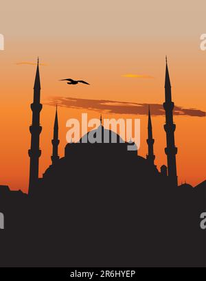 Sagoma vettoriale della Moschea Sultan Ahmed o Moschea Blu di Istanbul contro il cielo del tramonto Illustrazione Vettoriale