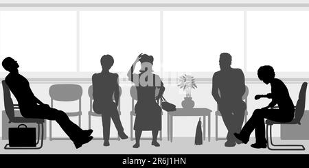 Vettore modificabile sagome di persone sedute in una sala di attesa Illustrazione Vettoriale
