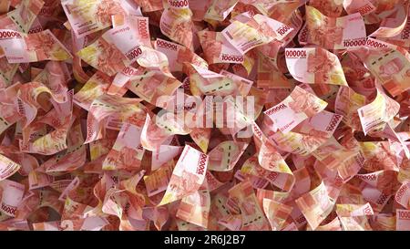 3D rendering di lotti di 10000 rupiah indonesiano lound note sparse sulla superficie. sfondo dei soldi Foto Stock