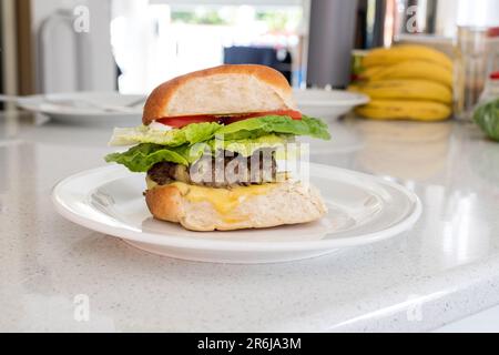 Hamburger di manzo grattugiato biologico fatto in casa con formaggio, pomodoro e lattuga su un piatto sulla panca della cucina. Foto Stock