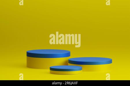 3D rendering minimal blu superficie giallo triplo cilindro prodotto podio vetrina vuoto sfondo illustrazione Foto Stock