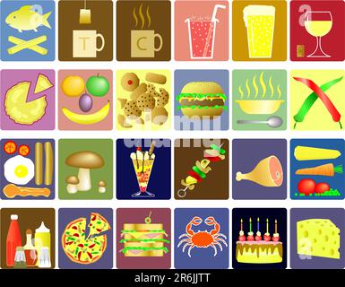 Set di icone vettoriali relative a cibo e bevande Illustrazione Vettoriale
