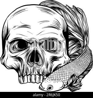 betta pesce intorno al cranio umano. illustrazione vettoriale su sfondo bianco Illustrazione Vettoriale