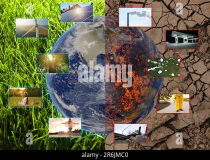 Inquinamento ambientale. Collage diviso in terra pulita e contaminata. Globo con le foto contro l'erba verde da un lato e il terreno incrinato sul Foto Stock