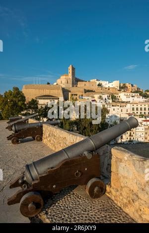 CANNONI CATTEDRALE FORTEZZA PASSEGGIATA CITTÀ VECCHIA IBIZA ISOLE BALEARI SPAGNA Foto Stock