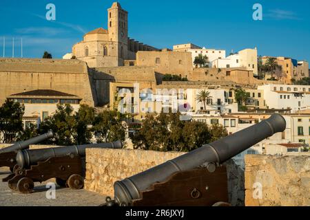 CANNONI CATTEDRALE FORTEZZA PASSEGGIATA CITTÀ VECCHIA IBIZA ISOLE BALEARI SPAGNA Foto Stock