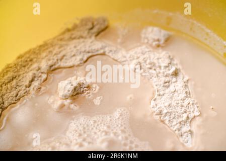 Mescolare la farina, il lievito secco e l'acqua. Pasta da cucina per il pane o la pizza da vicino. Foto Stock