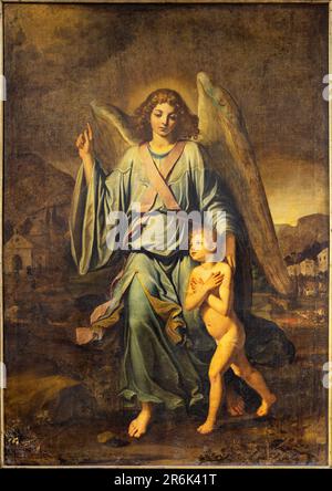 NAPOLI, ITALIA - 20 APRILE 2023: La pittura dell'angelo custode nella chiesa Basilica di Santa Maria degli Angeli a Pizzofalcone dal 18. cent. Foto Stock