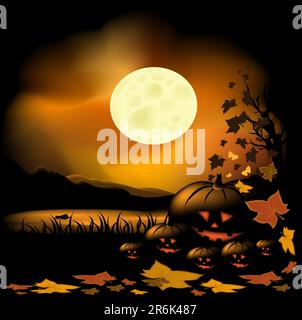 Sfondo di Halloween con stagno, luna e zucca Illustrazione Vettoriale