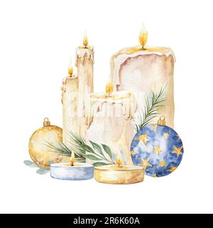 Decorazione natalizia con candele, illustrazione ad acquerello. Foto Stock