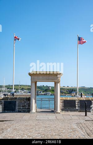 Storico mayflower passi nel Barbican a Plymouth, Devon. Foto Stock