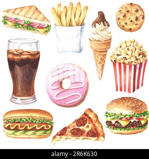 Set di deliziosi piatti fast food disegnati a mano, illustrazioni realistiche isolate su sfondo bianco. Foto Stock