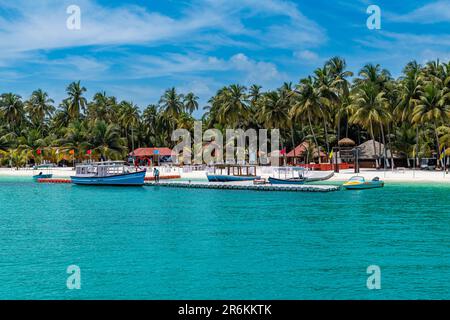 Resort turistico sull'isola di Bangaram, arcipelago Lakshadweep, territorio dell'Unione dell'India, Oceano Indiano, Asia Foto Stock