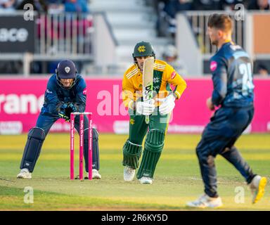 Alex Hales battendo per Notts Outlaws in una partita Vitality Blast T20 contro Derbyshire Falcons Foto Stock