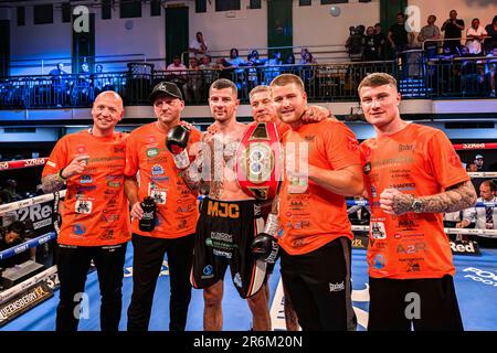 LONDRA, REGNO UNITO. 09 Giu, 2023. Mark Chamberlain vs Marvin Demollari - IBF European Lightweight Championship Title durante Adeleye vs Ahmatovc e Undercard Fight Night alla York Hall venerdì 09 giugno 2023 a LONDRA, INGHILTERRA. Credit: Taka G Wu/Alamy Live News Foto Stock