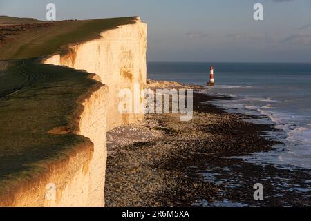 Luce serale sul faro di Beachy Head e Beachy Head, vicino a Eastbourne, South Downs National Park, East Sussex, Inghilterra, Regno Unito, Europa Foto Stock