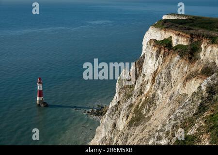 Beachy Head Lighthouse e Beachy Head dalla cima della scogliera, vicino a Eastbourne, South Downs National Park, East Sussex, Inghilterra, Regno Unito, Europa Foto Stock