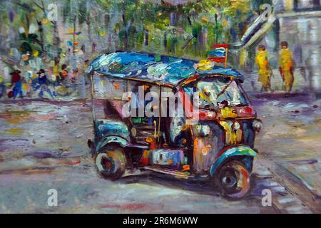 Pittura d'arte tuk tuk tuk color olio, terra di sorrisi del siam Foto Stock