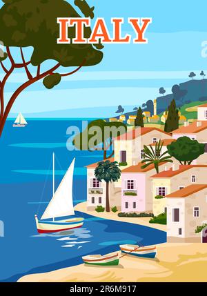 Poster di viaggio in Italia, paesaggio romantico mediterraneo, montagne, città di mare, barca a vela, mare. Poster retrò Illustrazione Vettoriale