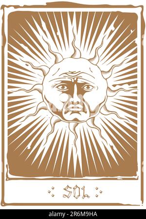 Una carta di tarocchi con il simbolo del Sole. O solo simbolo astrologico, occulto del sole o... Sol Invictus. Illustrazione Vettoriale