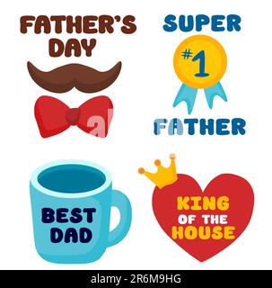 Adesivo piatto per il giorno del papà, badge, icona, collezione di spilla. Mustache con cravatta ad arco. Tazza miglior papà. Super medaglia numero uno padre. Re della casa. Illustrazione Vettoriale