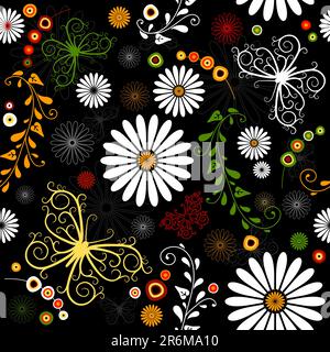 Motivo nero floreale ripetuto con fiori e farfalle (vettore) Illustrazione Vettoriale