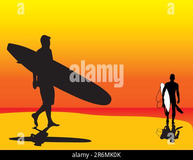 Due vettori di surf, un longboarder e uno shortboarder. Illustrazione Vettoriale