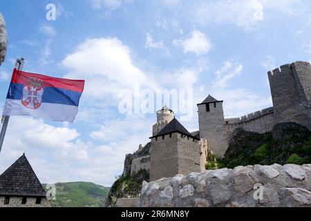 Fortezza di Golubac - veduta accattivante di una roccaforte medievale sul Danubio, circondata da paesaggi mozzafiato. Esplora la sua ricca storia Foto Stock