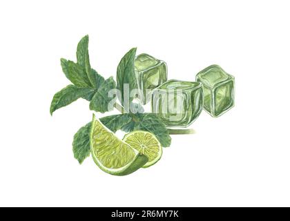 Acquerello insieme di fettine di lime, foglie di menta, cubetto di ghiaccio isolato su sfondo bianco. Illustrazione botanica per menu, design di celebrazione, cocktail party Foto Stock