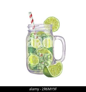 Acquerello estate rinfrescante mojito isolato su sfondo bianco. Fettine di lime, foglie di menta, cubetti di ghiaccio, paglia da bere, vasi di vetro, tonico. Illustrazione Foto Stock