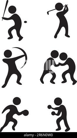 simboli sportivi vettoriali: baseball, golf, pallacanestro, wrestling, boxe e tossofily Illustrazione Vettoriale