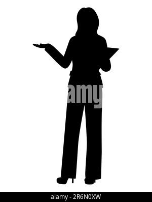 Silhouette nera di una donna che dà la presentazione, professionista di successo di affari femminili che si rivolge a un seminario, vettore Illustrazione Vettoriale