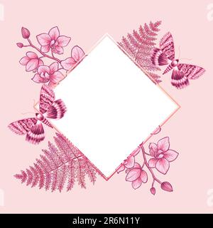 Modello quadrato per testo con orchidea floreale, felce, farfalle. Cornice o bordo con motivi floreali. Illustrazione per romantico grazioso matrimonio intitatio Foto Stock