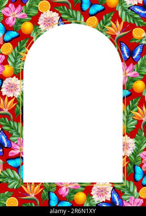Template rettangolare A4 per testo con fiori, farfalle, tropici. Cornice o bordo con motivi floreali. Illustrazione per le nozze romantiche graziose ivi Foto Stock