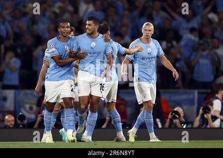 ISTANBUL - (lr) Manuel Akanji del Manchester City FC, Rodri del Manchester City FC, Erling Haaland del Manchester City FC festeggiano il 1-0 durante la finale della UEFA Champions League tra il Manchester City FC e il FC Inter Milan allo Stadio Olimpico Ataturk il 10 giugno 2023 a Istanbul, in Turchia. Foto Stock