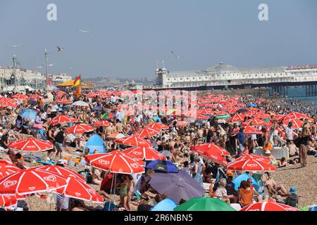 Le foto mostrano la spiaggia di Brighton il 10 giugno 2023 piena di migliaia di persone che si godono il caldo quando le temperature salgono a 28 °C. Il litorale di ciottoli era pieno di bagnanti, famiglie, turisti e nuotatori. Il lungomare è animato da bancarelle di gelati, sdraio e ombrelli colorati. Brighton ha visto uno dei suoi giorni più affollati dell'anno, mentre sia la gente del posto che i turisti si affollavano sulla costa per rinfrescarsi. Bagnini, agenti sul lungomare e servizi di emergenza erano a disposizione per monitorare la sicurezza durante l'ondata di caldo estiva. Foto Stock