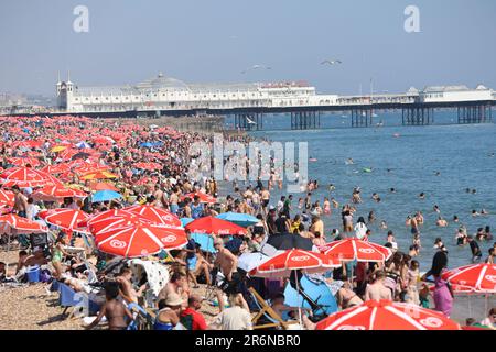 Le foto mostrano la spiaggia di Brighton il 10 giugno 2023 piena di migliaia di persone che si godono il caldo quando le temperature salgono a 28 °C. Il litorale di ciottoli era pieno di bagnanti, famiglie, turisti e nuotatori. Il lungomare è animato da bancarelle di gelati, sdraio e ombrelli colorati. Brighton ha visto uno dei suoi giorni più affollati dell'anno, mentre sia la gente del posto che i turisti si affollavano sulla costa per rinfrescarsi. Bagnini, agenti sul lungomare e servizi di emergenza erano a disposizione per monitorare la sicurezza durante l'ondata di caldo estiva. Foto Stock