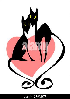 Due innamorati i gatti neri e cuore rosa su sfondo bianco. Valentines illustrazione. Illustrazione Vettoriale