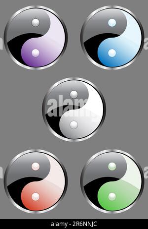 Set di 5 pulsanti yin yang. Illustrazione Vettoriale