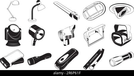 Collection of smooth vector EPS illustrations of various lighting equipment Stock Vector