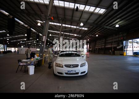 MELBOURNE, AUSTRALIA - Giugno 27: Il personale mediale, compreso il personale militare, è visto condurre test presso il nuovo sito di test mobile presso il Melbourne Showgrounds durante il COVID 19 del 27 giugno 2020 a Melbourne, Australia. Nell'ambito di un preoccupante aumento dei casi positivi al test di Coronavirus a Victoria, che sta suscitando timori di una seconda ondata del Premier di Stato, Daniel Andrews ha annunciato la scorsa settimana che un blitz di test mirato sarebbe stato lanciato ieri (26 giugno) in dieci sobborghi mirati a zero in trasmissione comunitaria. Per le prossime due settimane, 10.000 test saranno condotti attraverso Keilor Downs, Fr Foto Stock