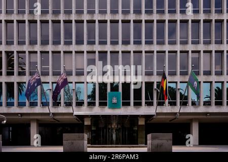 MELBOURNE, AUSTRALIA - 26 SETTEMBRE: Una visione di un edificio governativo durante una conferenza stampa al Treasury Theatre il 26 settembre 2020 a Melbourne, Australia. Il ministro della salute di Victoria Jenny Mikakos si è dimesso sabato dopo l'indagine sulla quarantena dell'hotel. Il Premier Daniel Andrews ha dato prova nell'ultimo giorno dell'inchiesta venerdì dicendo che considerava Jenny Mikakos responsabile del programma che alla fine ha portato alla seconda ondata del COVID-19 di Victoria. Foto Stock