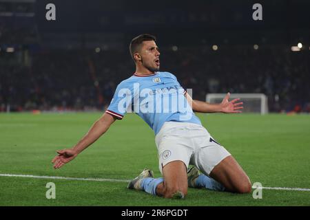 Istanbul. 11th giugno, 2023. Rodri di Manchester City celebra il suo gol durante la finale della UEFA Champions League tra Manchester City e Inter Milan allo Stadio Olimpico Ataturk di Istanbul, T¨¹rkiye, il 10 giugno 2023. Credit: Notizie dal vivo su Xinhua/Alamy Foto Stock