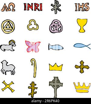 Serie di illustrazione di una comunione raffigurante simboli cristiani tradizionali, tra cui candela (luce), calice, uva (vino), orecchio, croce e pane Illustrazione Vettoriale