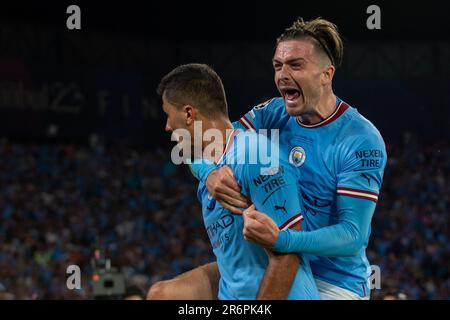 Istambul, Turchia. 11th giugno, 2023. Rodri di Manchester City e Jack Grealish di Manchester City celebrano il punteggio durante la finale di UEFA Champions League 2023 tra Manchester City e Inter allo Stadio Olimpico Atatürk di Istanbul, Turchia, il 10 giugno 2023 (Foto di Andrew SURMA/ Credit: Sipa USA/Alamy Live News Foto Stock