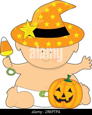 Un bambino vestito con un cappello da strega con una zucca al piede Illustrazione Vettoriale